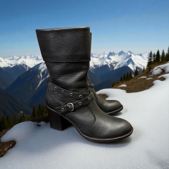 Born Boots Gilary Style Black Leather, Chunky Heel, Cuffed, Moto - Picture 5 of 8